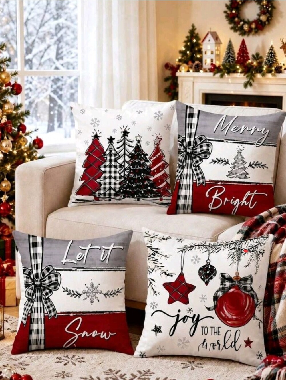 Holiday Merry & Bright Decorative Throw Pillow Covers - Red, White, Black